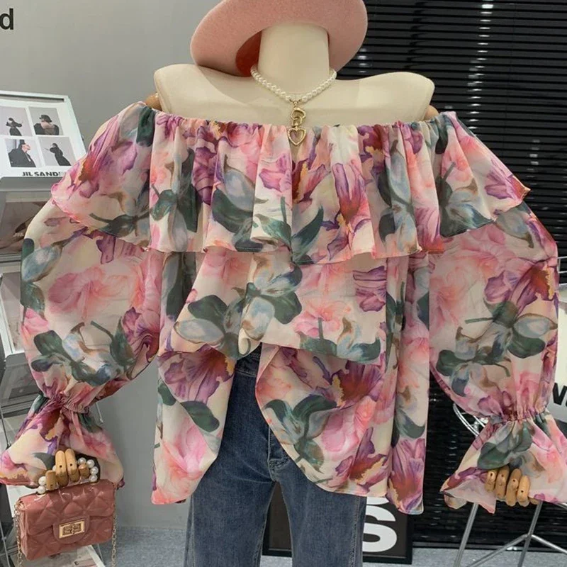 

Fashion Slash Neck Printed Ruffle Flare Sleeve Blouses Women Clothing Spring Summer New Loose Chic Tops Office Lady Shirts XQ152