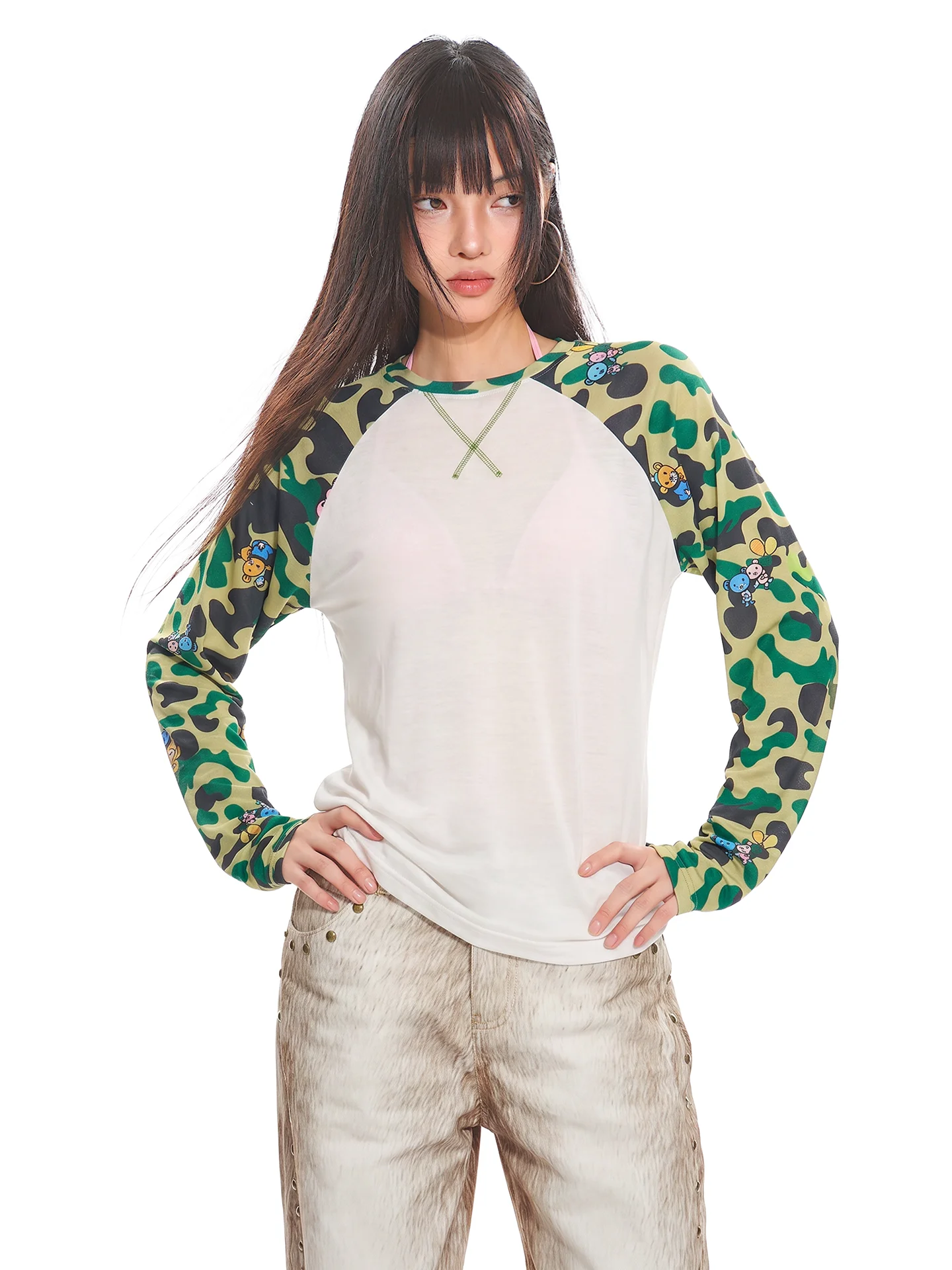 UNCMHISEX American Camouflage Loose Semi-Transparent Long Sleeve Cover up T-Shirt Women Summer Casual Slimming Color Block Top