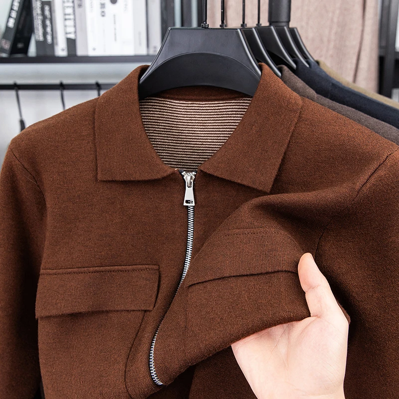 الرجال الفاخرة سترة مشغولة من الصوف طويلة الأكمام التلبيب سميكة سستة جيب مزدوج بلون الخريف الشتاء موضة الرجال عادية #6