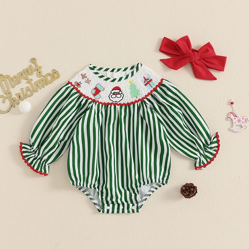 Baby Girl Christmas Smocked Santa Bubble Romper Retro Striped Bodysuit Bow 2Pcs Cute 1st Xmas Gift Going Home Photos