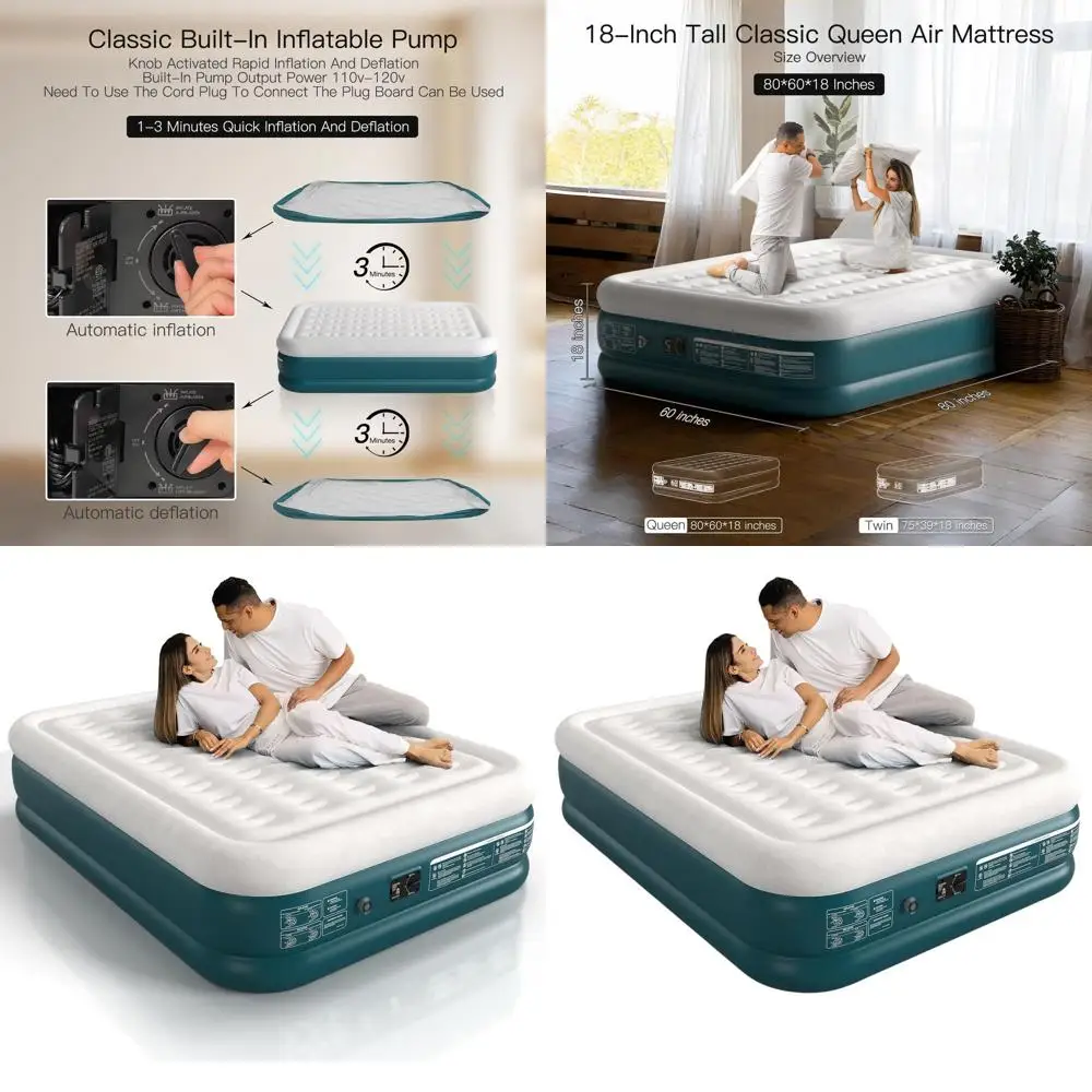 

Quick-Inflatable 18 Queen Size Air Mattress with Built-In Pump for Home and Outdoor Use