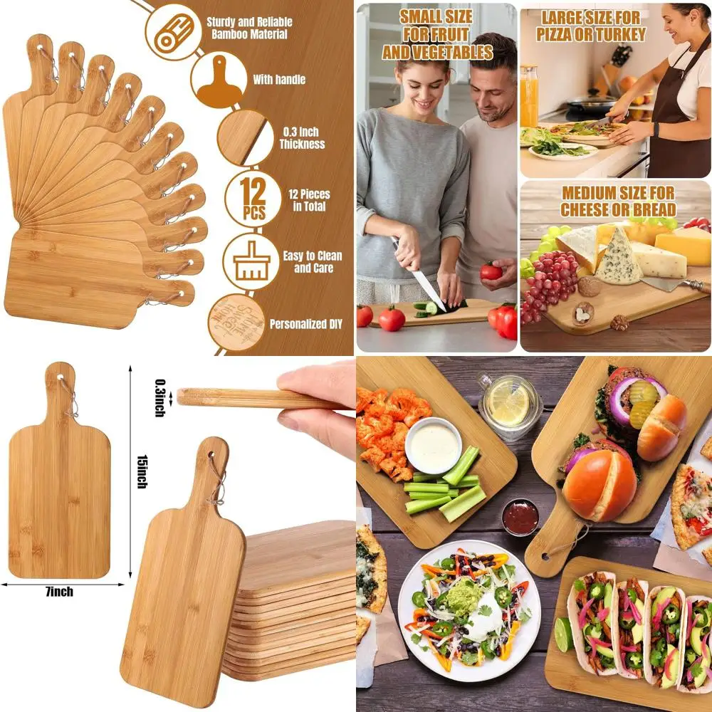 

Set of 12 Bamboo Cutting Boards with Handles, Ideal for Kitchen Prep and Serving, 15x7 Inches