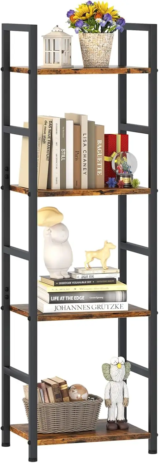 4 Tier Bookshelf, Small Book Shelf Industrial Bookcase, Metal Narrow Book Case Book Storage Organizer