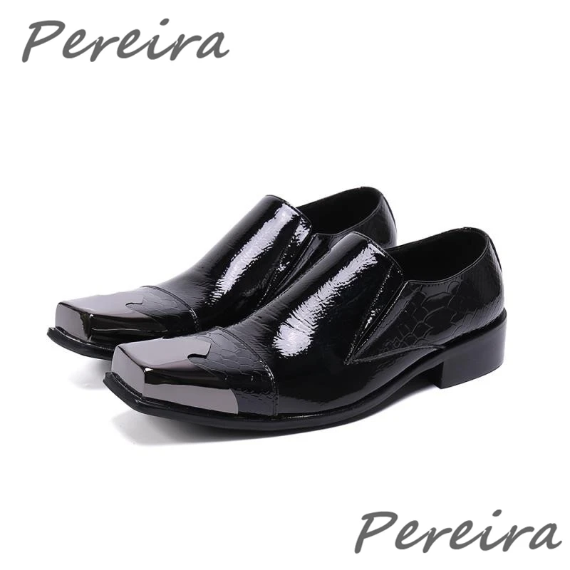 

Black Metal Square Toe Men's Dress Shoes Luxury Genuine Leather Slip On Business Formal Shoes Wedding Party Banquet Male Derbies