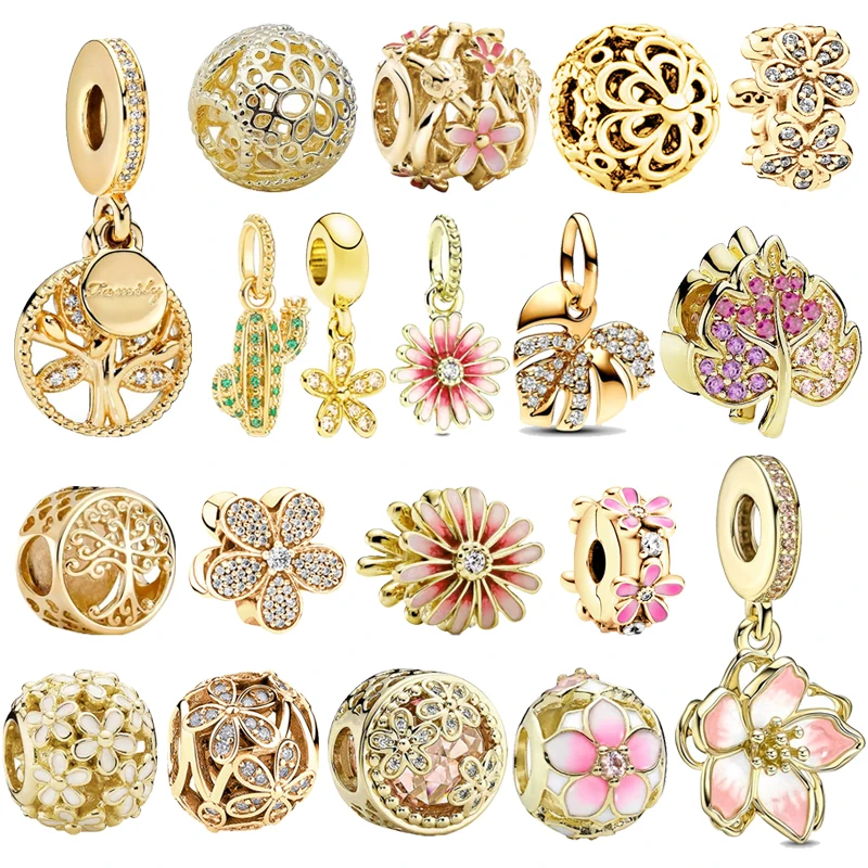 Gold Family Tree Daisy Cherry Blossoms Leaf Charm Beads DIY Women Jewelry Gifts Making Fit Original 925 Silver Pandora Bracelet