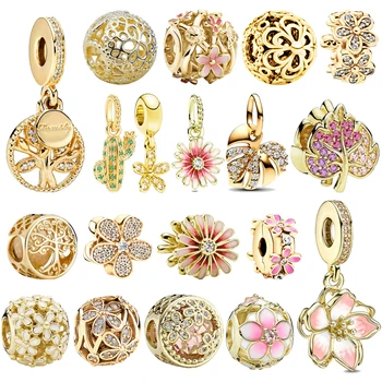 Gold Stammbaum Gänseblümchen Kirschblüten Blatt Charm Perlen DIY Frauen Schmuck Geschenke Herstellung passend für originales europäisches 925er Silber Armband