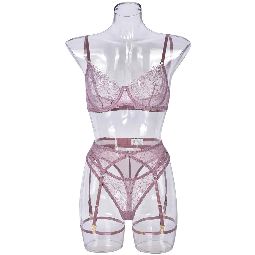 Womens Bras G-string Suit Garter Belt Splicing Mesh Sexy Comfortable See-Through Sexy Lingerie Four-Piece Set Porn Sex Costumes
