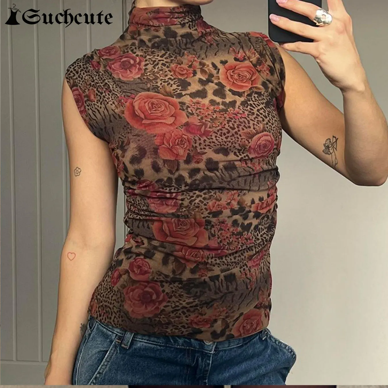 

SUCHCUTE Vintage Print Turtleneck Vest for Women Boho Aesthetic 2000s Slim Tank Top Summer High Street Camisole Grunge Fairycore
