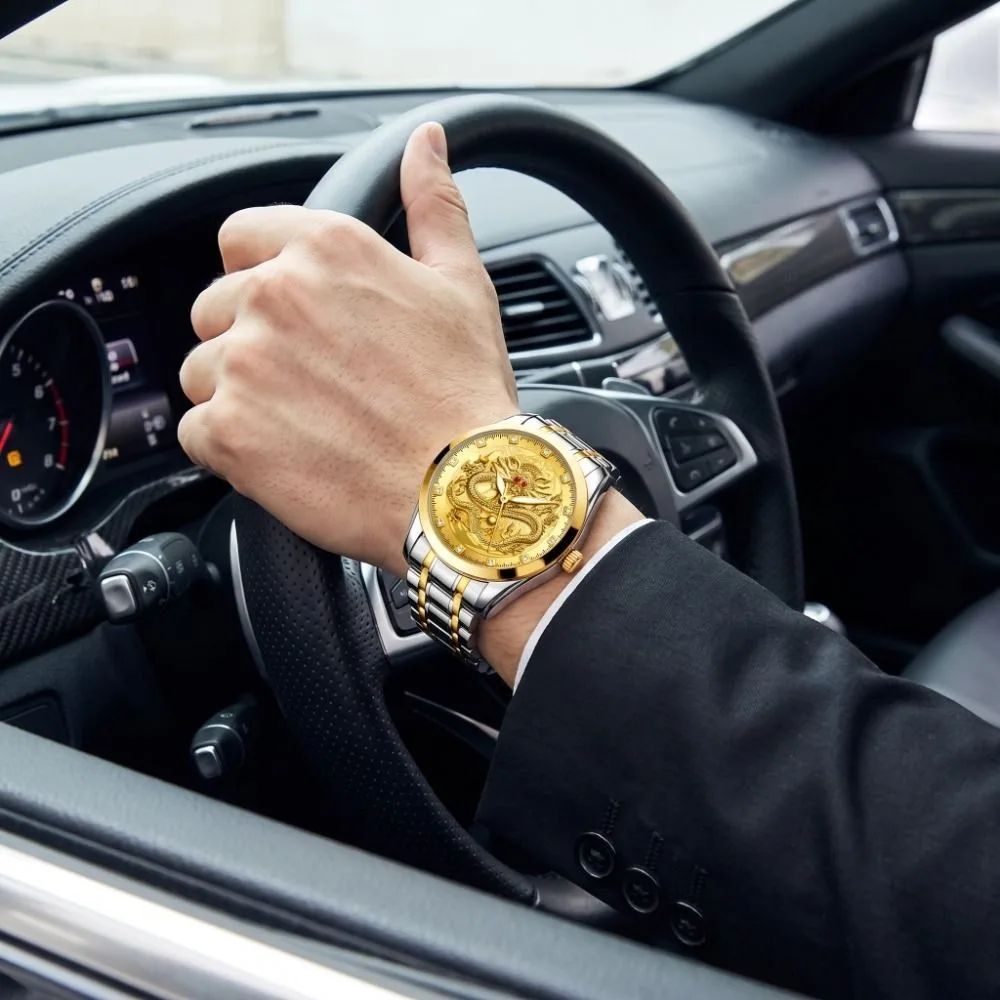 Luxury Stainless Steel Band Men's Watch Luminous Gold Color Dragon Pattern Clock Waterproof Calendar Date Quartz Watch Women
