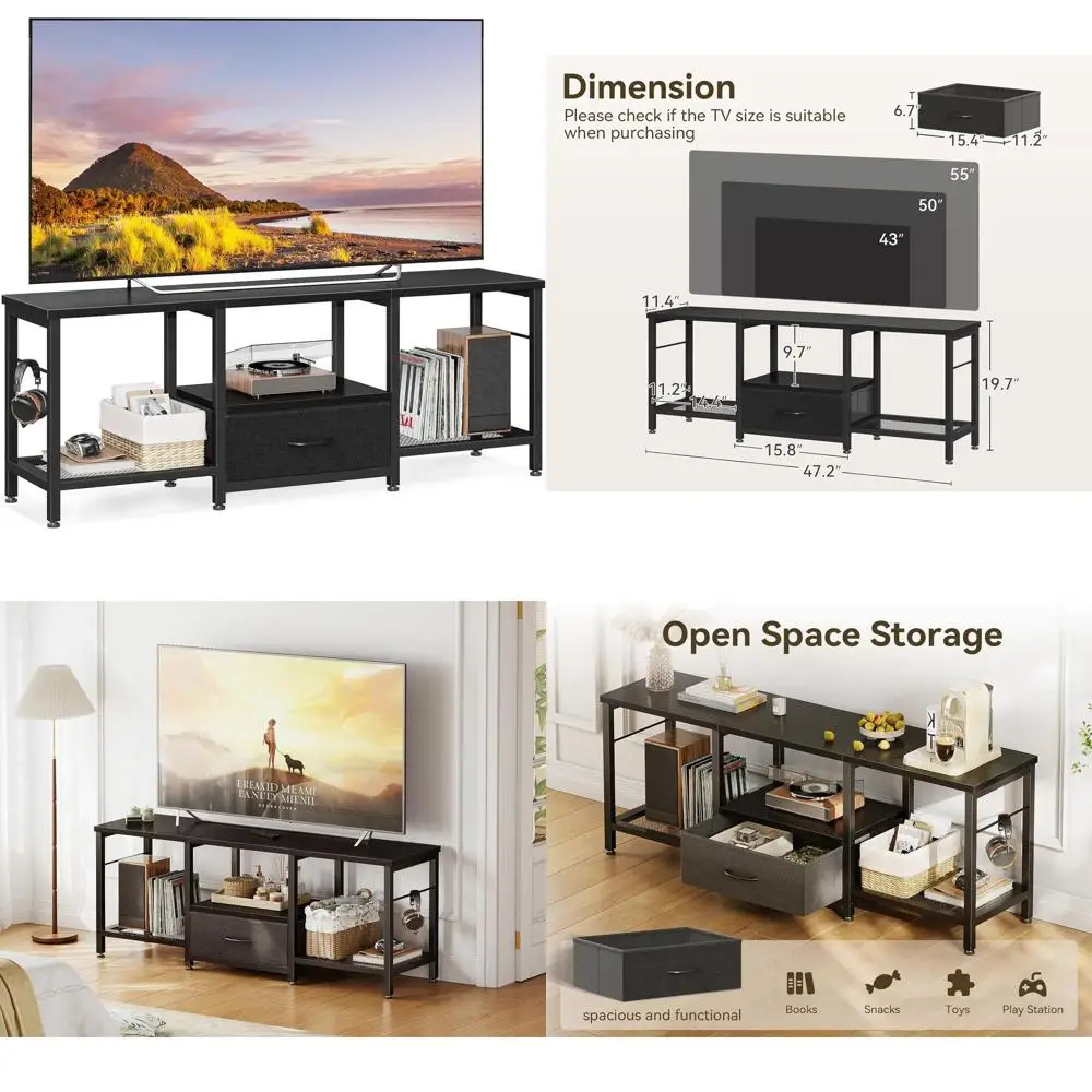 47 Open Storage TV Stand for 43-50 Inch TVs, Entertainment Center with Fabric Drawers, Living Room/Bedroom TV Console, Pure Blac