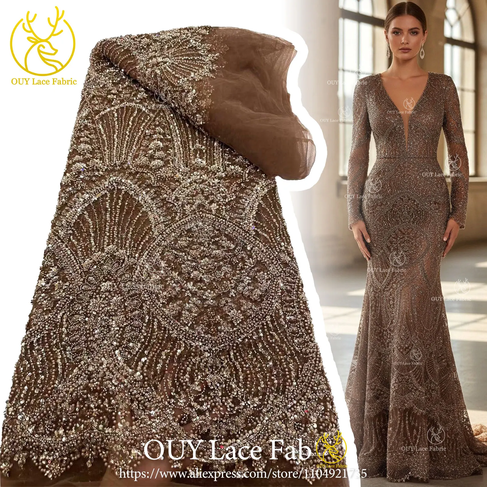 Luxury African Hand-Beaded Tulle Lace Fabric 2026 Premium Nigerian Sequined Lace Fabric Suitable for Party Gown Sewing Material
