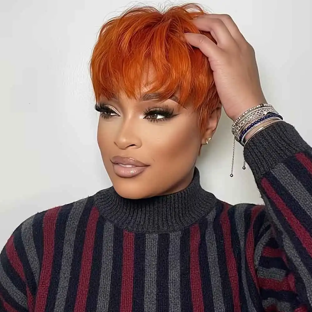 

Short Pixie Cut Straight #350 Orange 100% Remy Human Hair Wig Machine Made Wigs for Women