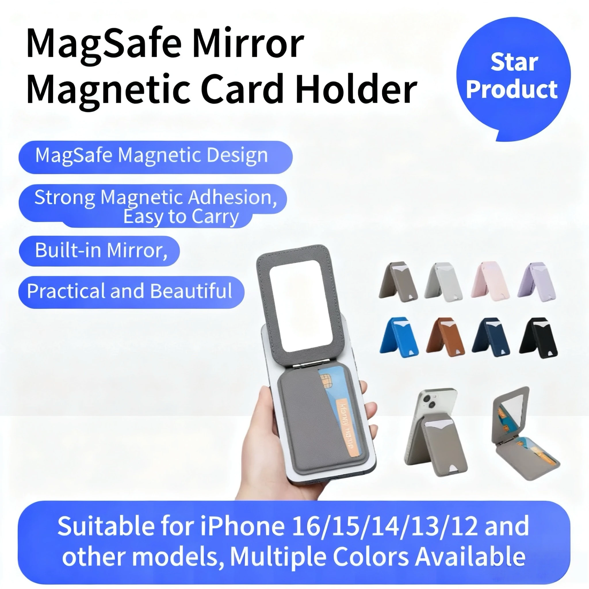 

Держатель для телефонной карты с зеркалом для макияжа и подставкой для задней наклейки MagSafe: многофункциональный чехол для карт с аксессуаром для хранения