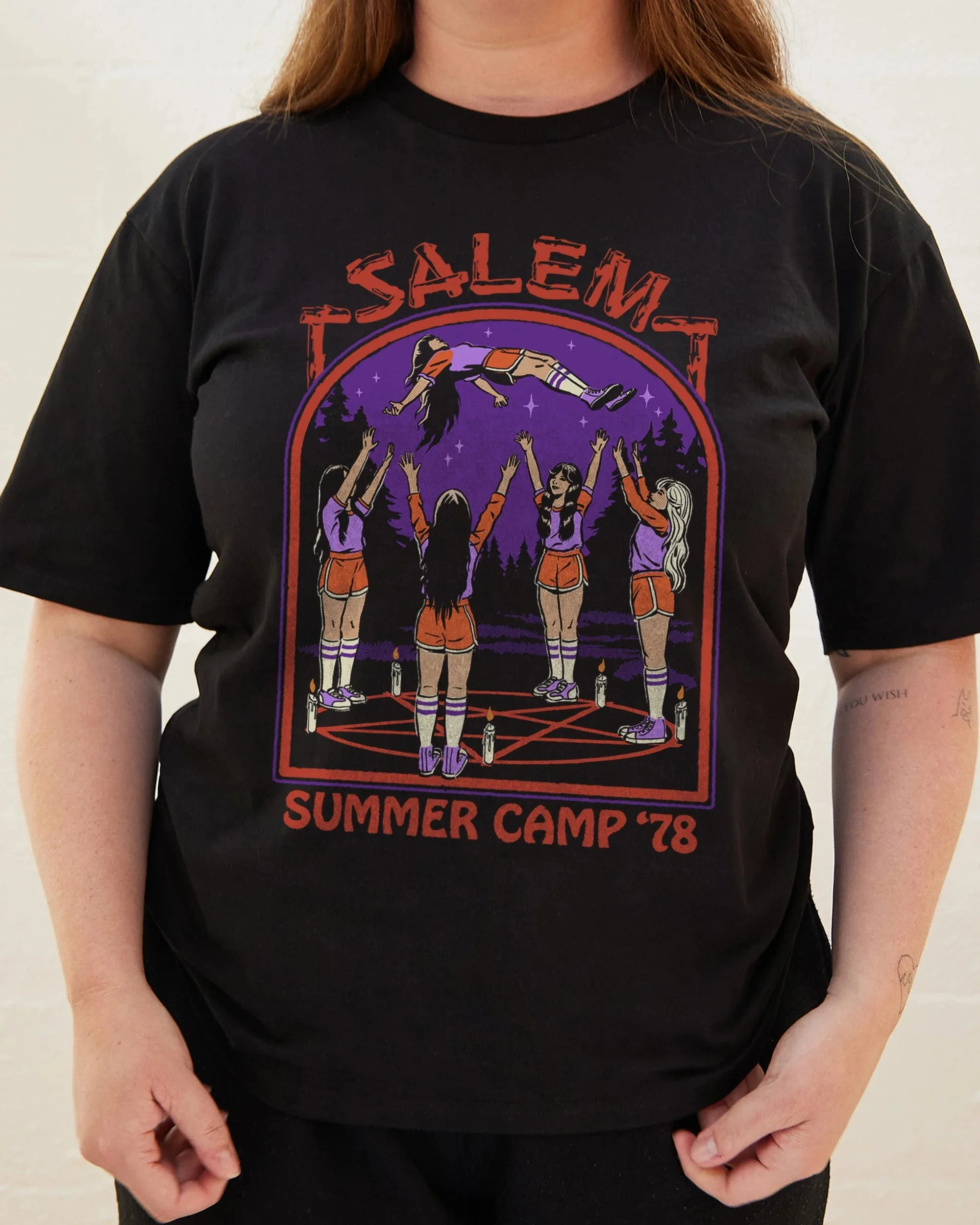 Retro Salem Camp Witch Tee, 70s Horror Comedy T-Shirt with Floating Teen & Camp Scene Art, Grunge Cotton Top