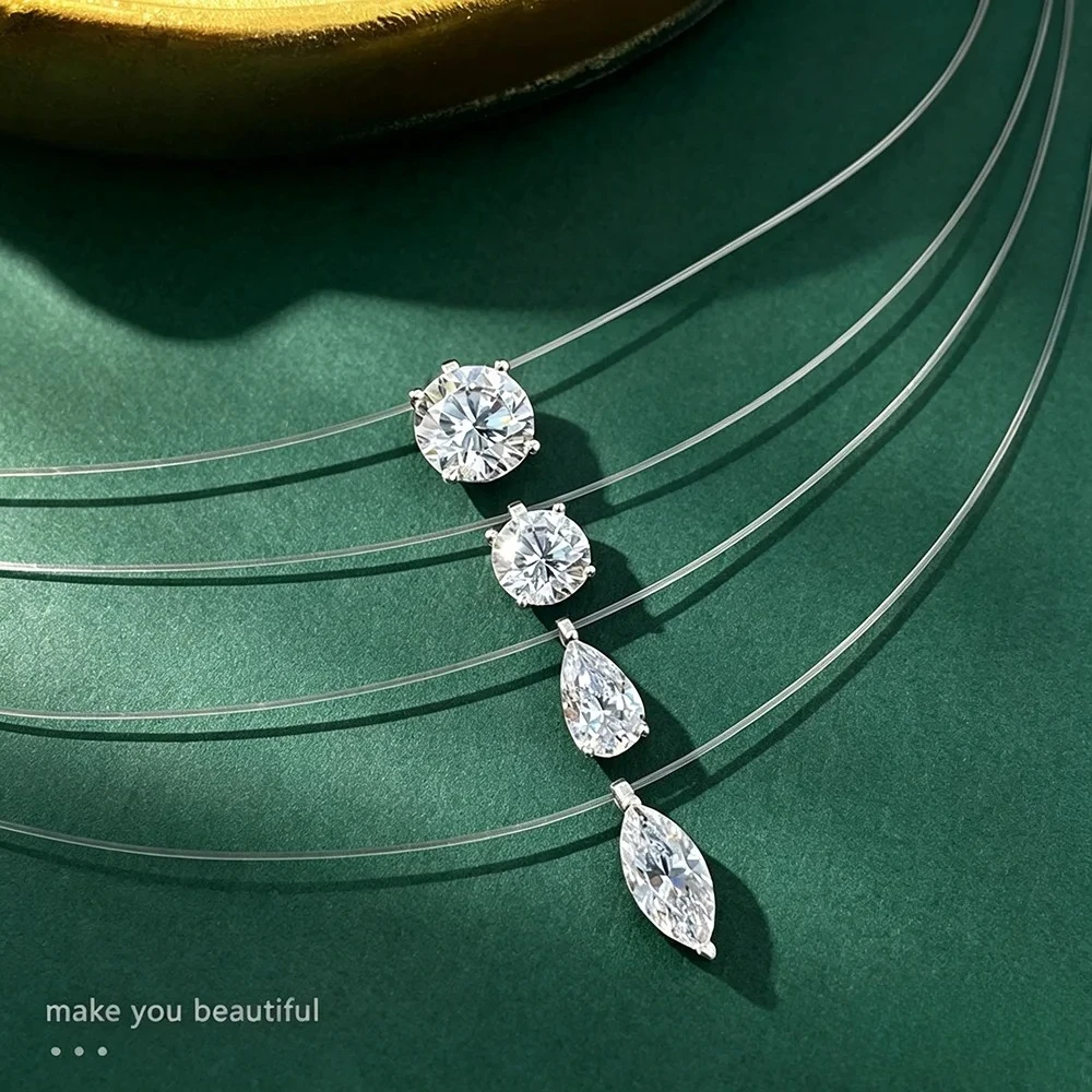 

Moissanite Necklace 1-2ct Pear/Marquise/Round Brilliant Cut Diamond Fishing Line 100% S925 Silver Pendant Necklaces For Women