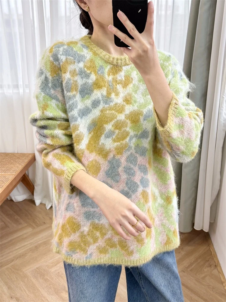 Women O-Neck Jacquard Knit Sweater Long Sleeve Loose Female Wool Blend Vintage Floral Pullover Knitwear Top Fall Winter 2024 C71