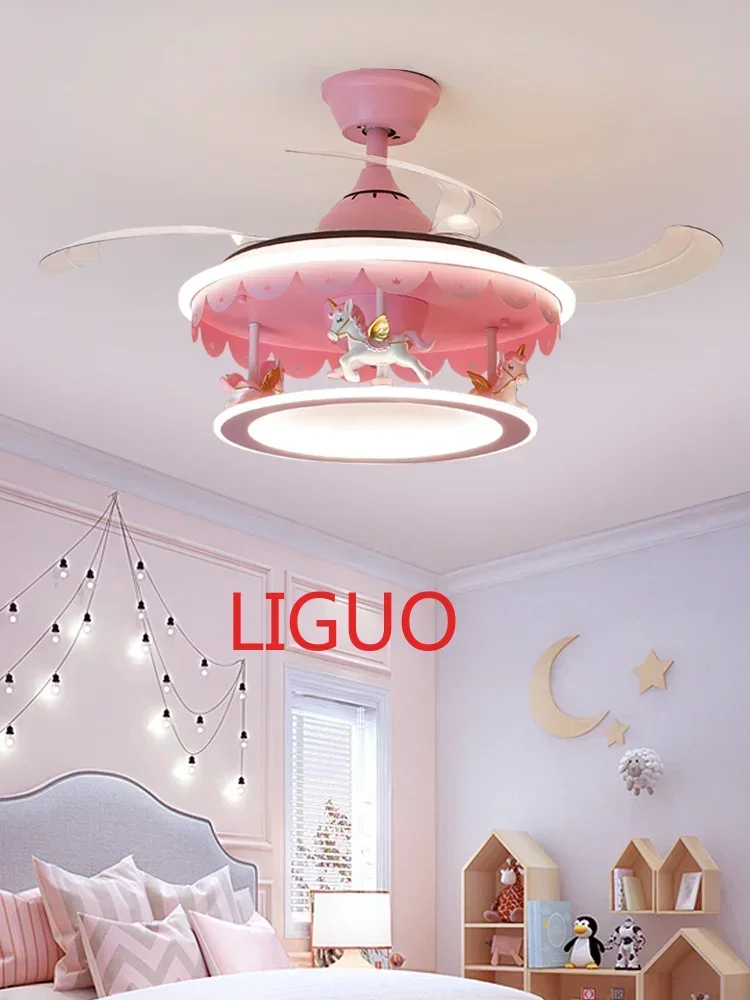 

Pink Trojan Children's Room Fan Lamp Girl Princess Bedroom Ceiling Fan Lights Creative Cartoon Full Spectrum