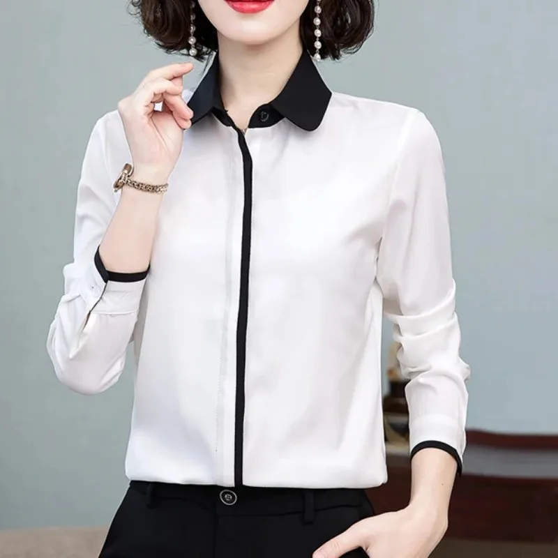 

Women's Clothing Solid Color Button Turn-down Collar Patchwork Spring Autumn Long Sleeve T-Shirts Elegant Formal Casual Tops