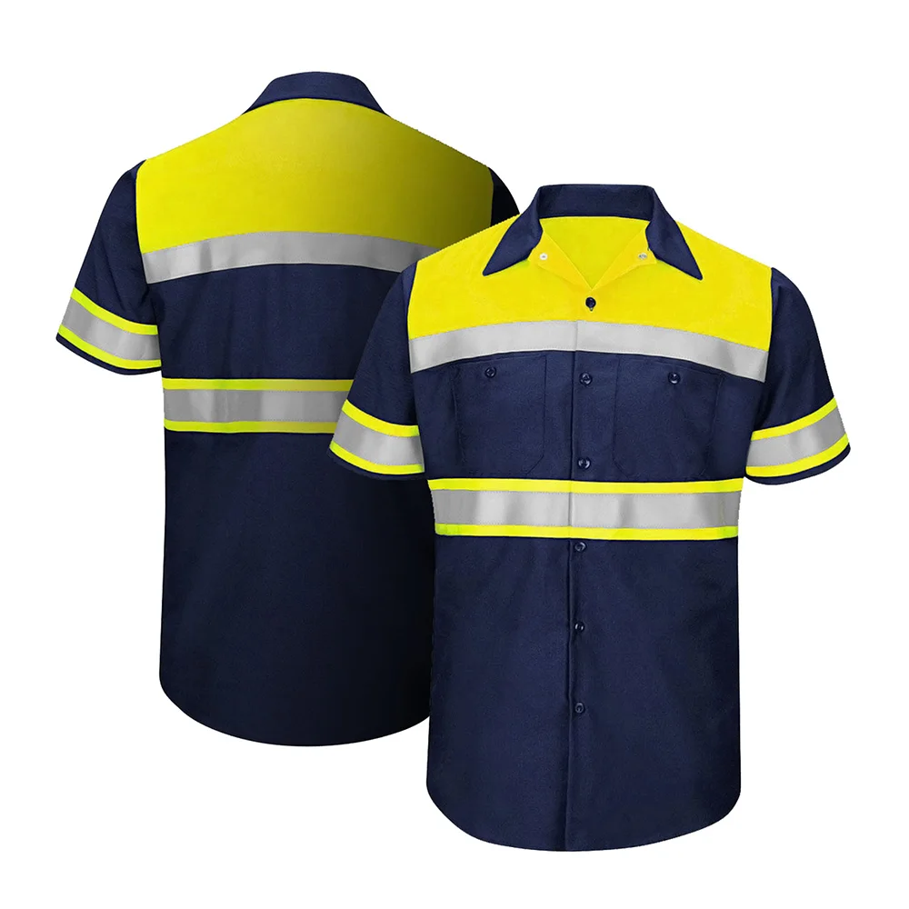 Camisa de trabajo de seguridad de manga corta de dos tonos, ropa de trabajo reflectante, 100% algodón, amarillo, azul marino, camisas de seguridad