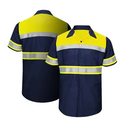 Camisa de trabajo de seguridad de manga corta de dos tonos, ropa de trabajo reflectante, 100% algodón, amarillo, azul marino, camisas de seguridad con cintas Hi Vis