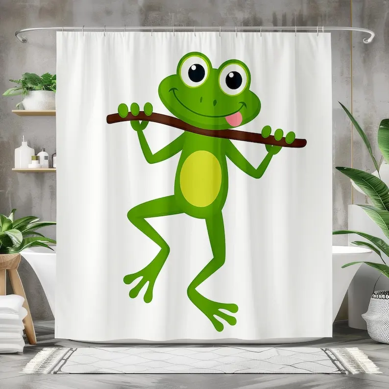 Cute Cartoon Frog Shower Curtain for Kids Bathroom, Smiling Tree Frog Jungle Design, Animal Theme Bathroom Decor