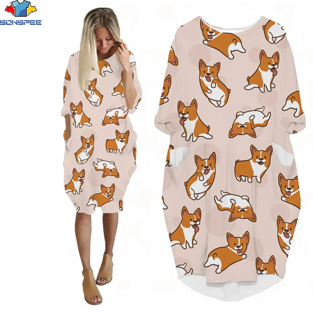 SONSPEE 3D Print Ladies Cartoon Dress Pet Dog Corgi Tiling Kawaii Style Summer Trend Design Simple Cute Girl Light Gentle Dress