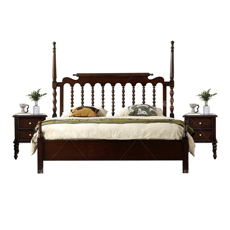 

Retro solid wood 1.8 meters master bedroom double medium antique black American bed