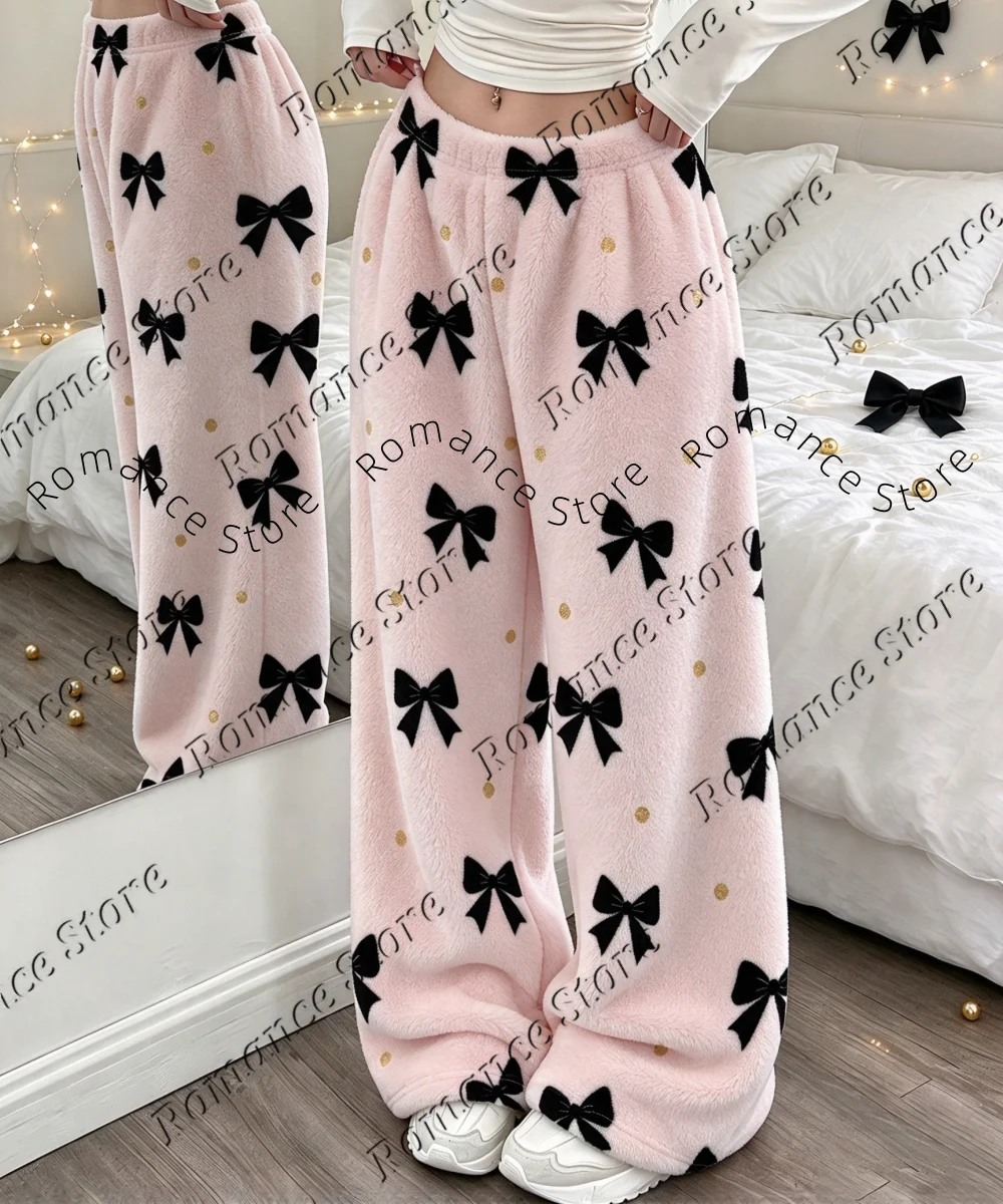 Women's Pants Flannel Lounge Pants Pink Plush Pajama Trousers with Black Bow & Gold Dot Print Elastic Waist Casual Sleep Pants