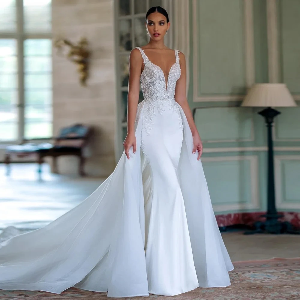 

Mermaid Sexy Wedding Dresses Sleeveless Vestido De Novia Lace Detachable Train Satin Custom Made Bridal Gowns