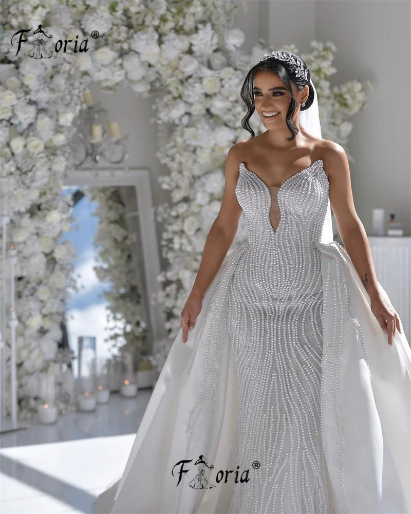 Vestidos De novia blancos De Dubái con cuentas De perlas pesadas, tren desmontable, hecho a mano, cuentas completas, vestido De novia De sirena