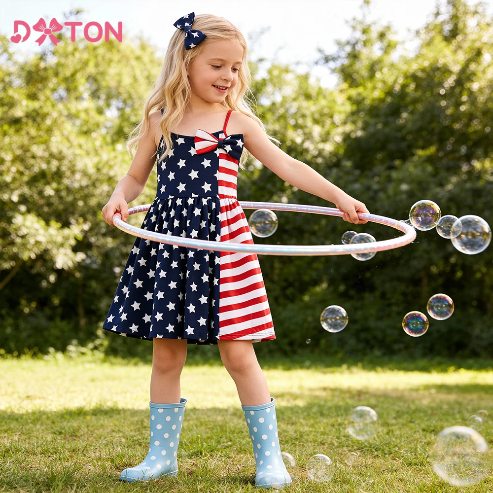 DXTON Kinder-Trägerkleider, verstellbarer Träger, Sommer, Kinder, Schulkostüm, Stern, Schleife, Patchwork, Mädchen, lässiges A-Linien-Kleid, Outfit