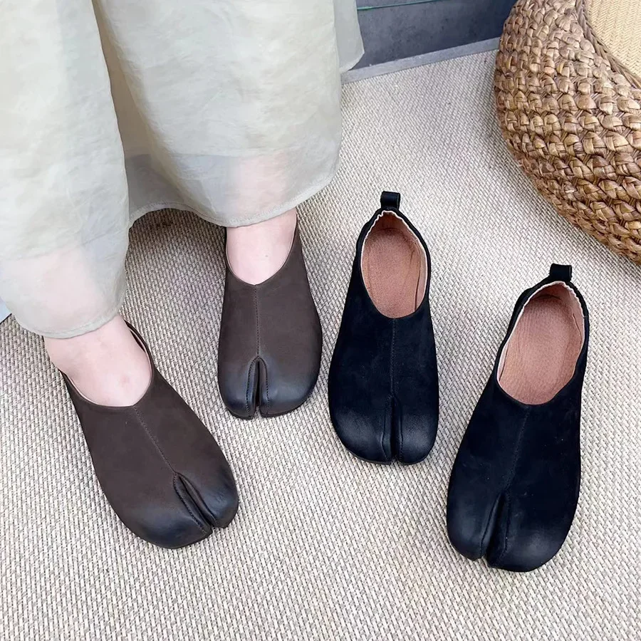 Birkuir Loafers Shoes For Women Elegant Flat Heels Luxury Split-toe Shoes Genuine Leather Soft Soles Luxury Casual Shoes Ladies