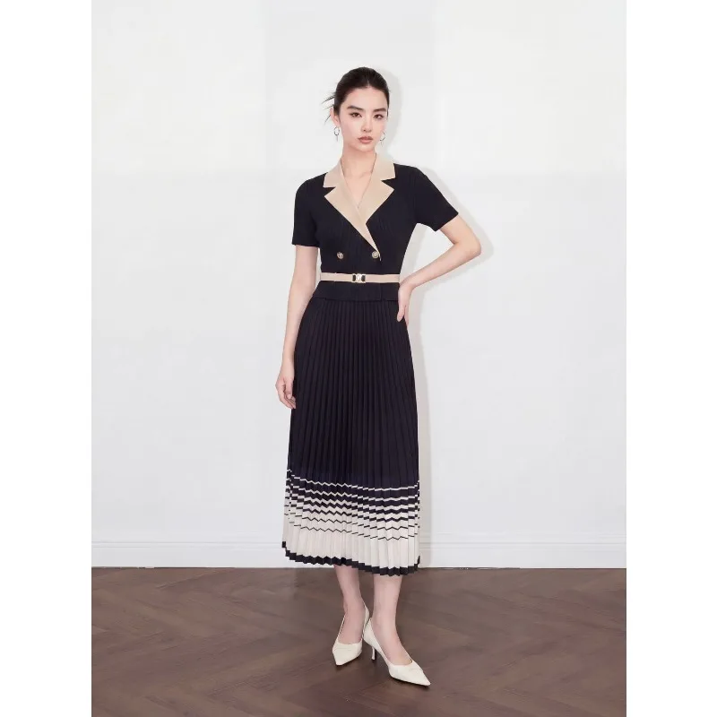 

Miyake Pleated Dresses 2026 Summer New Shirt Collar Plisse A-Line Hem Dress Fake Two-Piece Waist-Cinching Simple Elegant Dress