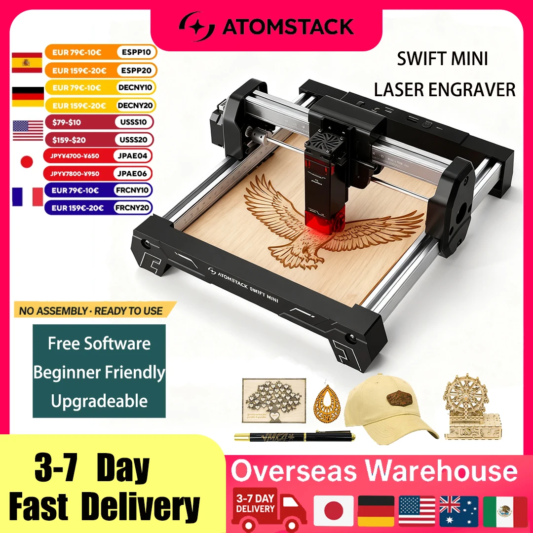 

Лазерный гравер AtomStack Swift Mini: готовый к работе мини-лазерный резак с бесплатным ПО AI, поддержкой Wi-Fi/USB и роторным устройством