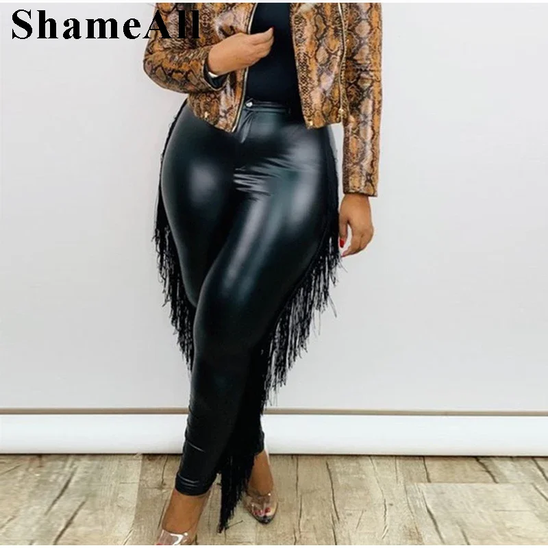 

Plus Size Tassel Sexy Skinny Pu Leggings Pants 4XL Party Club High Waisted Push Up Stretchy Faux Leather Slim Fitness Jeggings