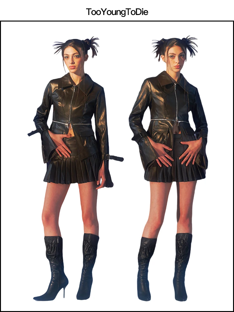 

Новинка 2024: Комплект из кожаной юбки и топа TD Spring Summer, женский плиссированный костюм-двойка