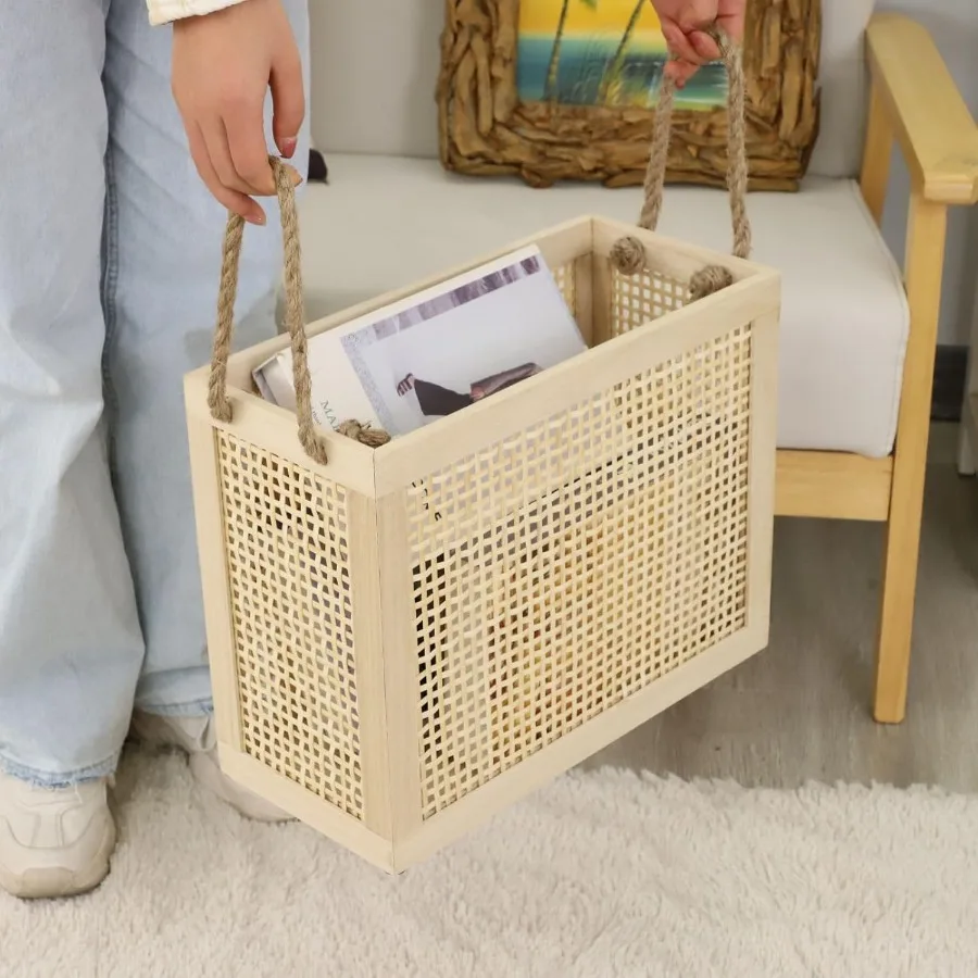 Wooden Storage Basket with Jute Rope Handles Stair Basket Magazine Basket Large Wicker Baskets for storage Home Organizing Laun