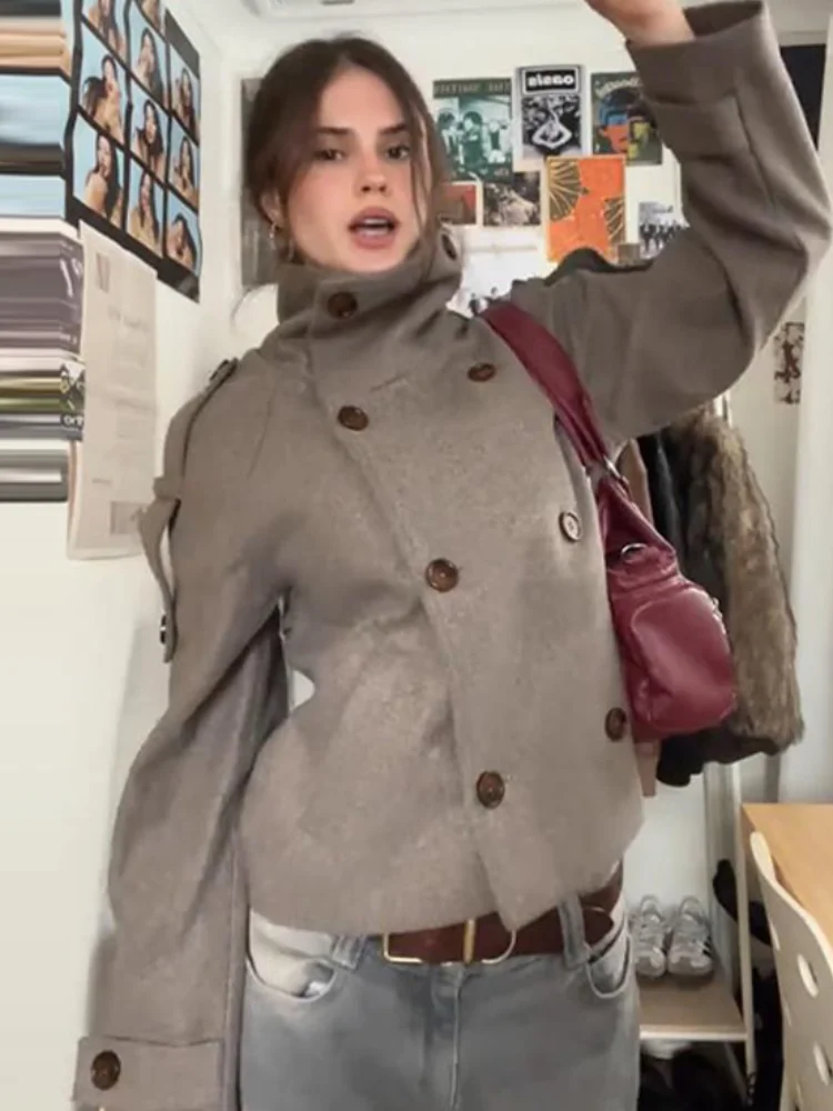 معاطف صوفية نسائية غير رسمية بياقة واقفة وأكمام طويلة وسترات بجيوب لخريف وشتاء 2025 ملابس خارجية للسيدات