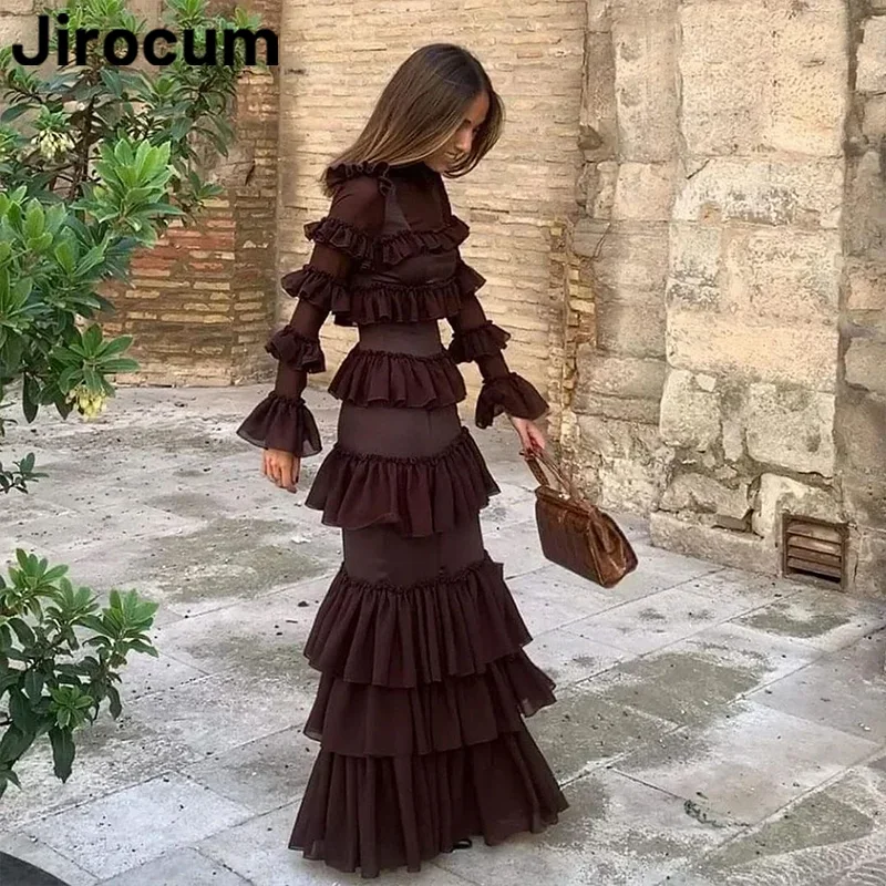 

Aunber Saudi Arabia Luxury Dark Brown Tulle Evening Dresses High-Neck Ruffled Tiered Mermaid Prom Dresses Party Dresses