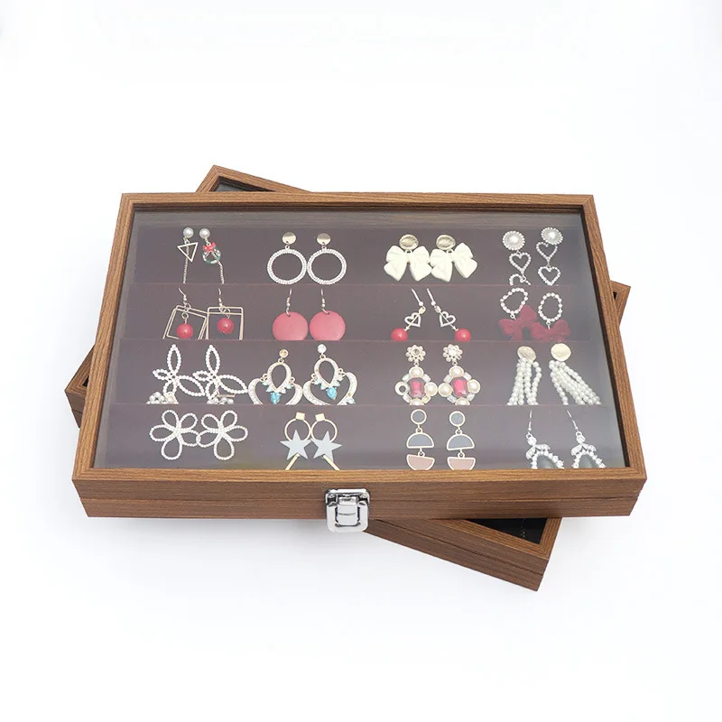 Wholesale Black Walnut Pattern Large Jewelry Box with Window Women Strong Cardboard Rings Necklace Braclet Jewel Organizer Case