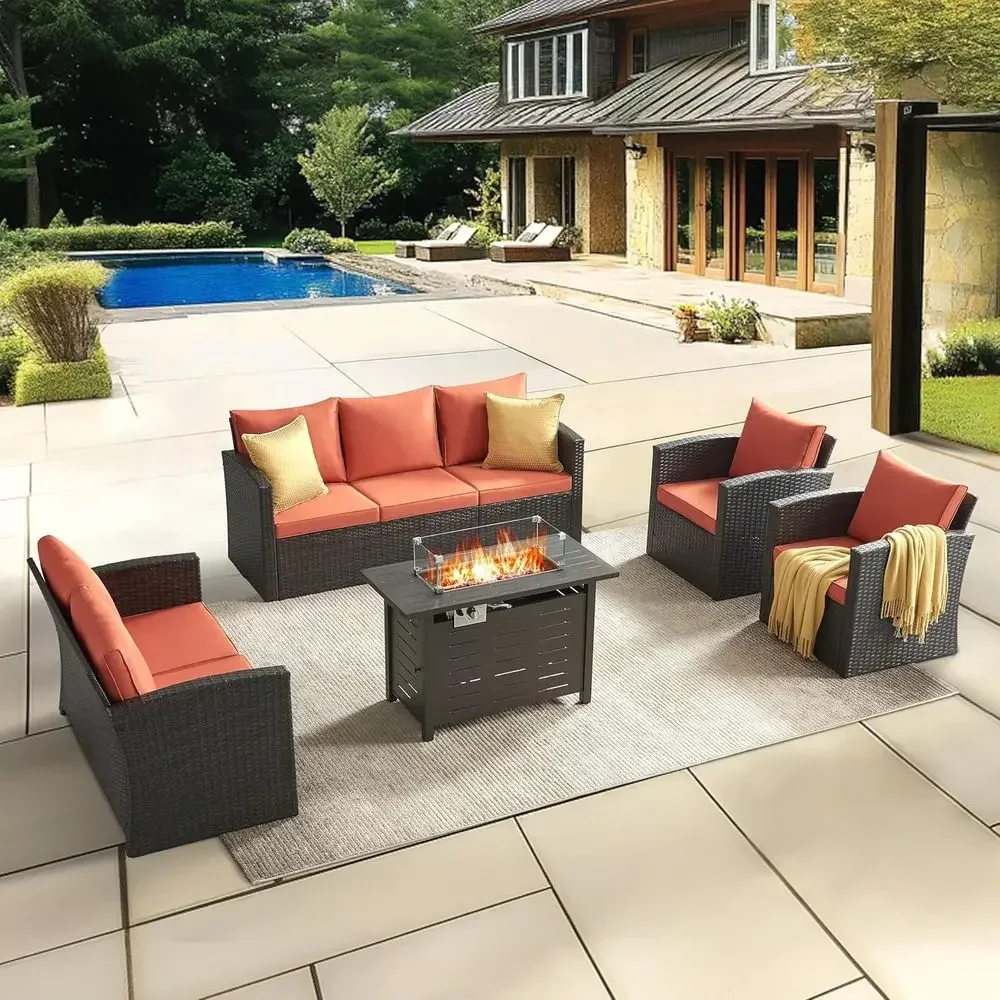 5-Piece Outdoor Patio Furniture Set with Fire Pit Table, Wicker Rattan Sofa Set with Cushions, Ideal for Backyard, Garden, Pools