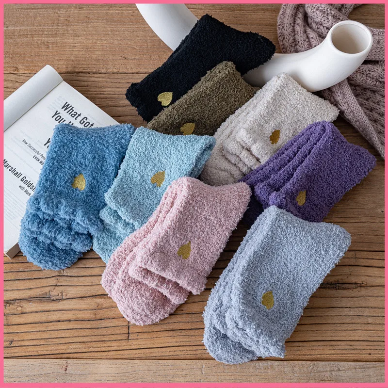 Women Winter Warm Socks 8 Colors Embroidered Love Half Fleece Thickened Sock Female Middle Tube Coral Fleece Bubble Mouth Socks