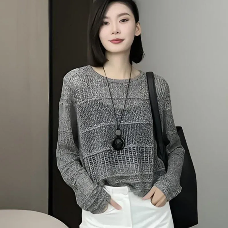 Vintage Knitted Cropped Pullovers Women Spring Autumn Loose Long Sleeve Knitwear Tops Streetwear Fashion Hollow Out Sweaters
