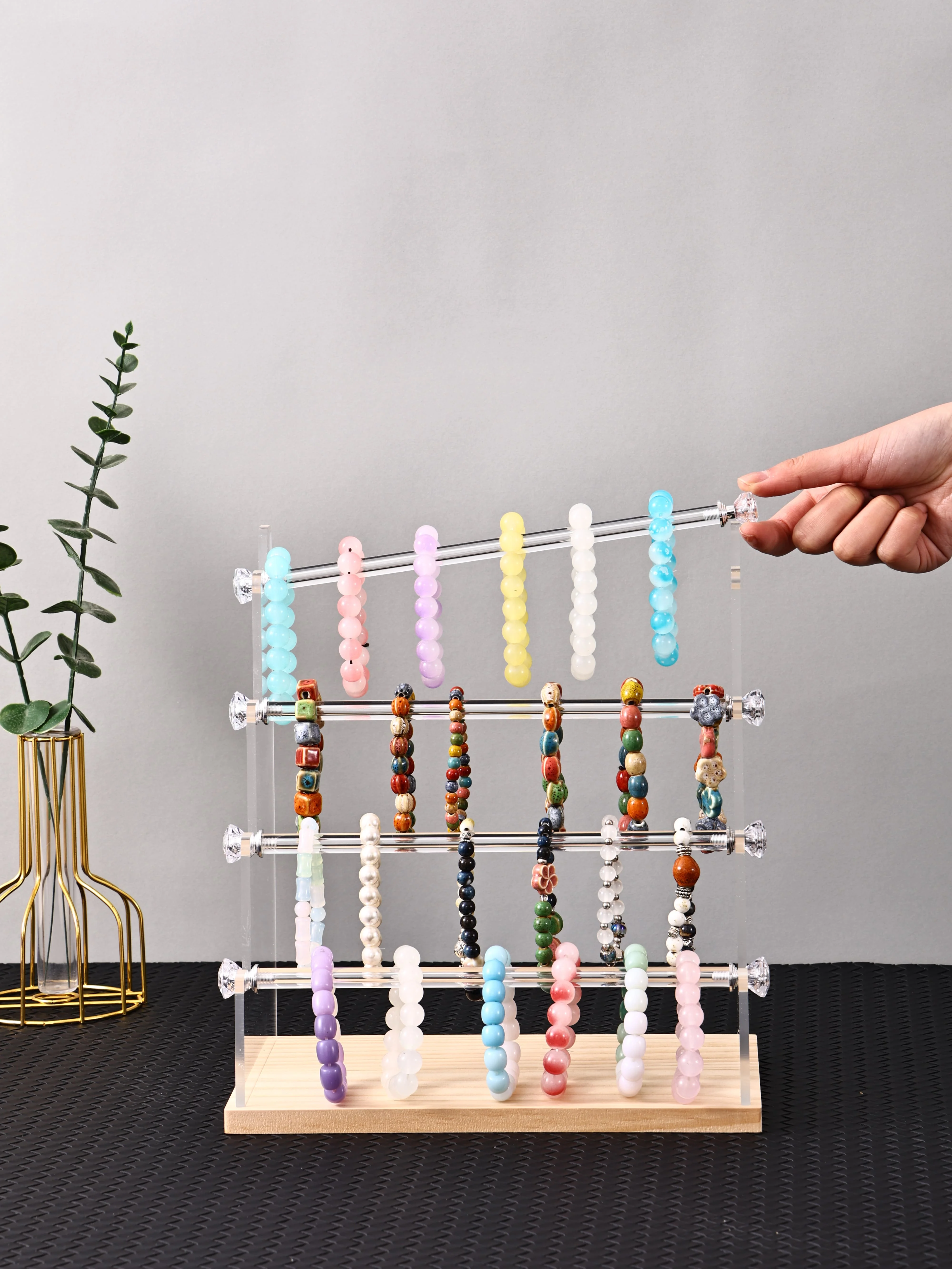 Acrylic Tiered Jewelry Display Stand Wooden Base Multi‑Layer Bracelet Beaded Chain Display Rack Desktop Ornament Storage Prop view 5