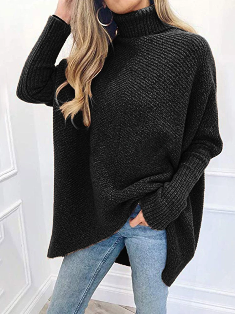 OMSJ Street Autumn Winter Bat Sleeve Color Patchwork Fashion Loose Pullover Sweater Female Warm Casual High Neck Knitting Jumper