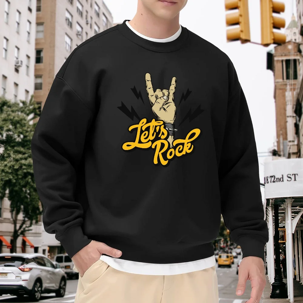 

Men's Black Crew Neck Loose Sweatshirt with Trendy Let's Rock Print Pattern, Street Casual Style Top, Versatile and Comfortable for Everyday Wear