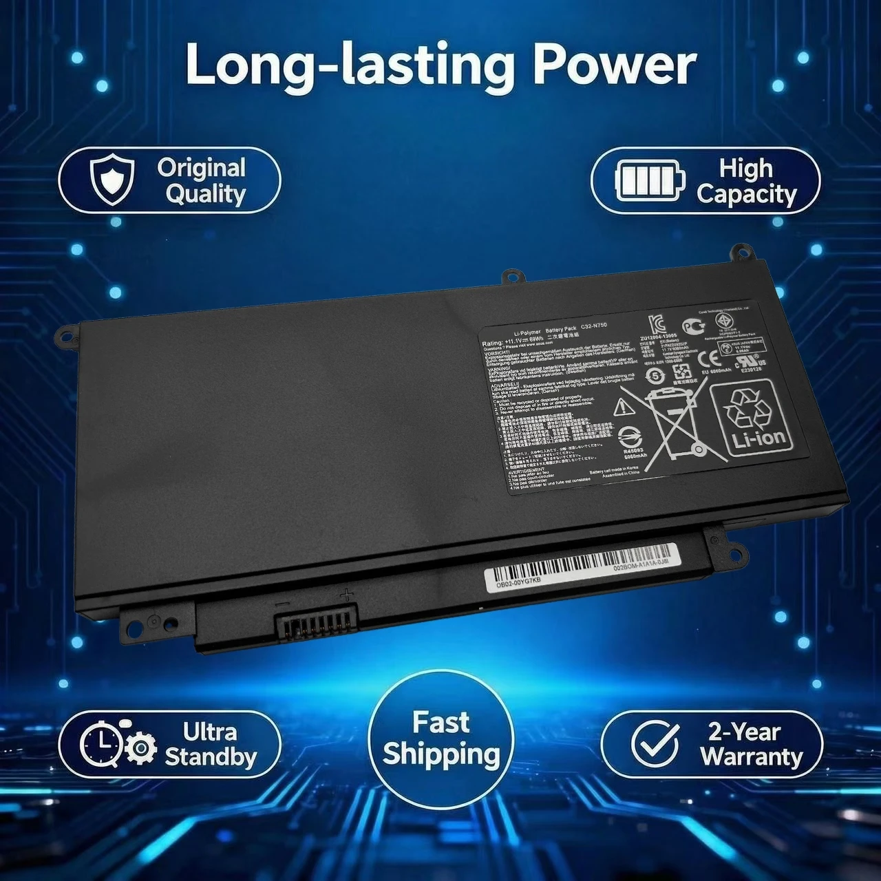 Новый оригинальный аккумулятор для ноутбука C32-N750 11,1 В, 69 Втч, 6060 мАч для ASUS N750 N750JK N750JV N750Y47JV N750Y47JV-SL 0B200-00400000