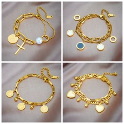 LAMENGLY 316L Stainless Steel Cross Heart Portrait Coin Charm Bracelet For Women Fashion Gold Color Non-fading Jewelry Gifts
