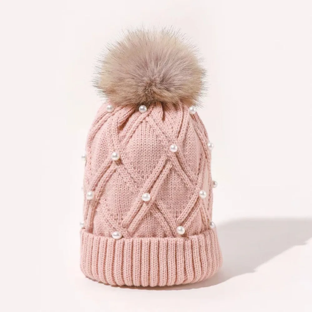 Fashionable with Diamond Knitted Hat Folded Edge Large Woolen Ball Women's Hat Solid Color Thick Flannel Warm Women Cap Winter