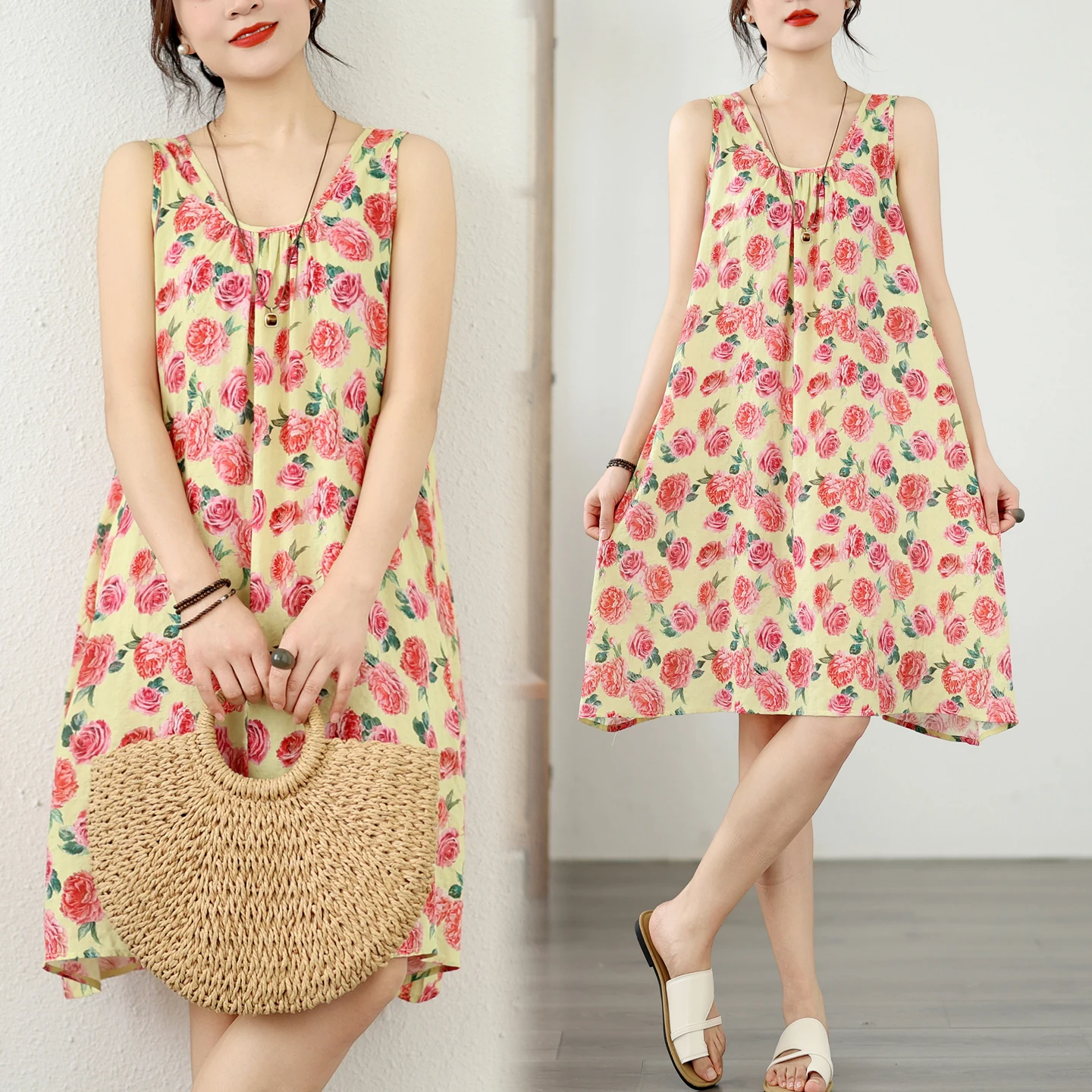 

Summer Loose Cotton Linen A-Line Dress Sleeveless round Neck Print Dress Women's plus Size Clothing Citywalk Artistic Style